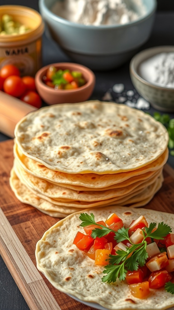 A stack of warm homemade tortillas on a wooden board, ready to be served.
